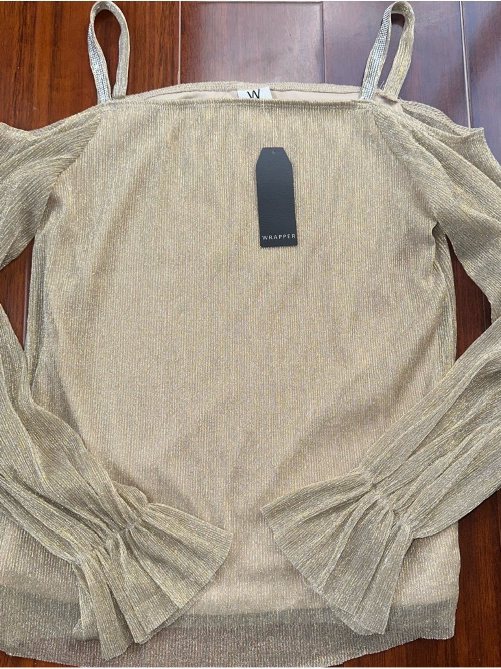 NWT Wrapper Metallic Gold Cold Shoulder Pleated Bell Sleeve Top